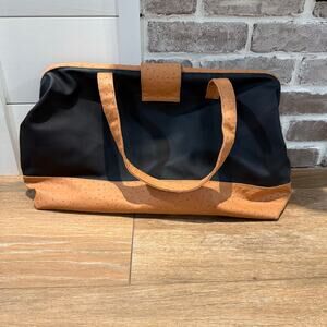 Elizabeth Arden Faux Ostrich Canvas Tote Travel Weekender Bag Satchel Black Tan